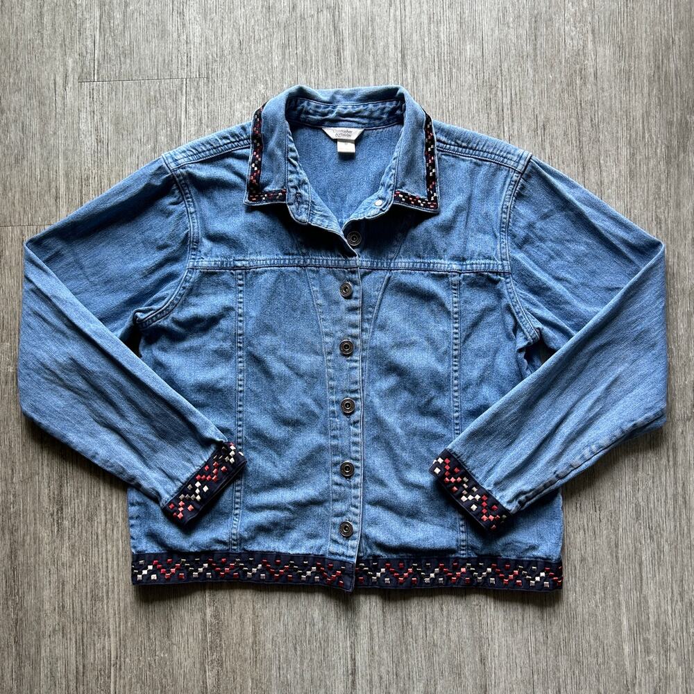 Christopher & Banks Embroidered Trim Button Down Lightweight Denim Jacket Medium